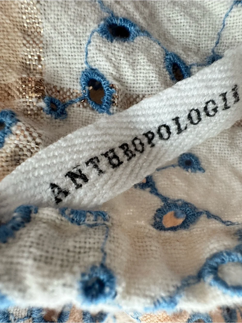 Anthropologie Embroidered Eyelet Apron – Blue & Ivory Boho